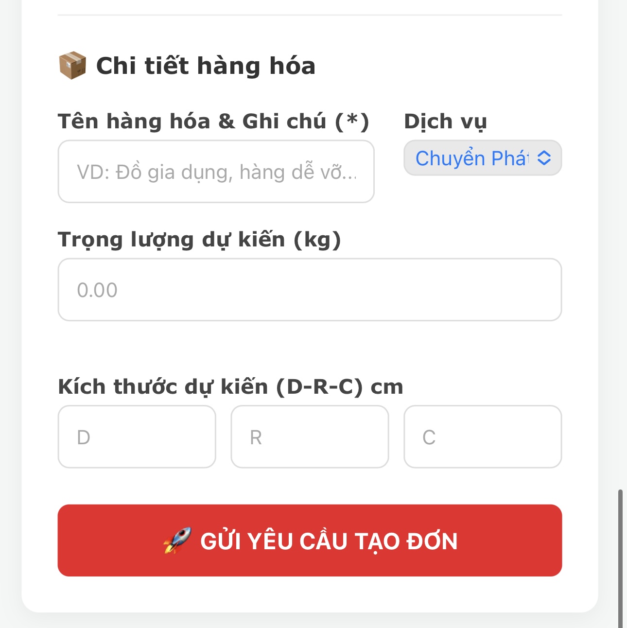 Form tạo đơn hàng quốc tế